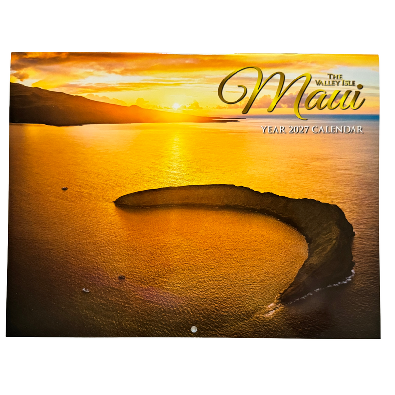 Maui calendar cover with sunset over water and mountain landscape