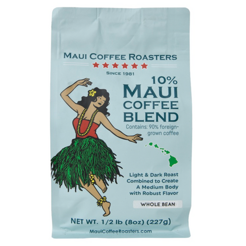 Maui Coffee Roasters coffee blend package with hula dancer illustration on a light blue background