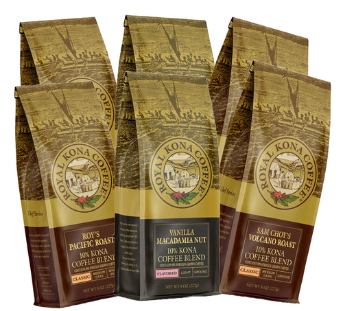 Paquete de seis variedades de café molido Royal Kona (tres sabores)