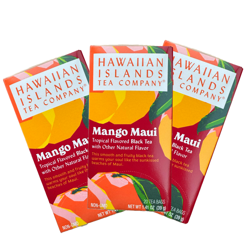 Three boxes of Hawaiian Islands Tea Company Mango Maui tea on a white background