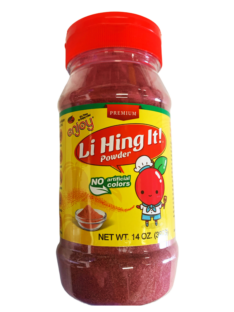 Front view of Li Hing It! Powder 14oz jar – Hawaiian sweet, sour, and salty plum powder with cartoon mascot