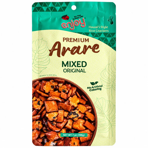 A 7 oz bag of Enjoy Arare Premium Mixed Original Hawai'i Style Rice Crackers, featuring a green and cream package with a photo of the golden-brown crackers at the bottom.