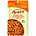 A 7 oz bag of Enjoy Hawaii Style Rice Crackers Premium Arare Jumbo Hot Kakinotane Spicy, featuring orange and cream packaging with a photo of the spicy rice crackers in a bowl.