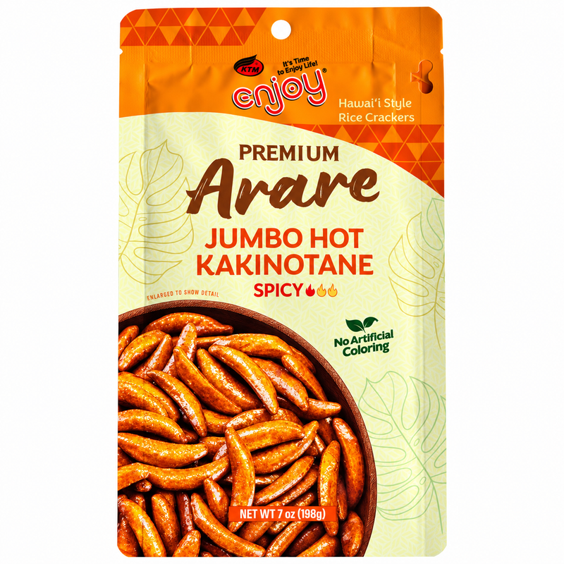 A 7 oz bag of Enjoy Hawaii Style Rice Crackers Premium Arare Jumbo Hot Kakinotane Spicy, featuring orange and cream packaging with a photo of the spicy rice crackers in a bowl.