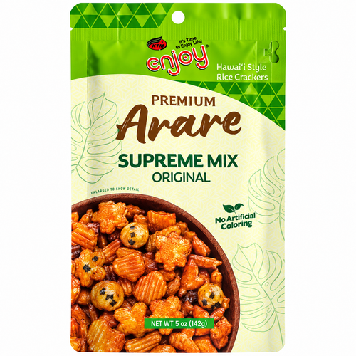 A 5 oz bag of ATV Enjoy Arare Supreme Mix Original Hawaii Style Rice Crackers, featuring a green and cream package with a bowl of the orange-brown cracker mixture shown on the front.