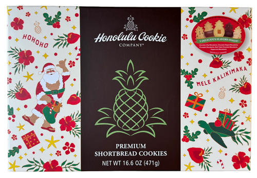 Honolulu Cookie Company packaging with Christmas-themed designs on a white background