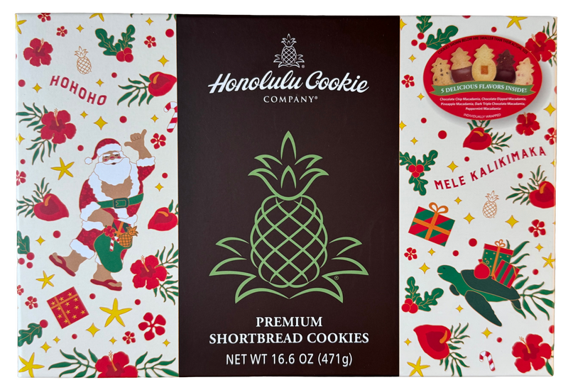 Honolulu Cookie Company packaging with Christmas-themed designs on a white background