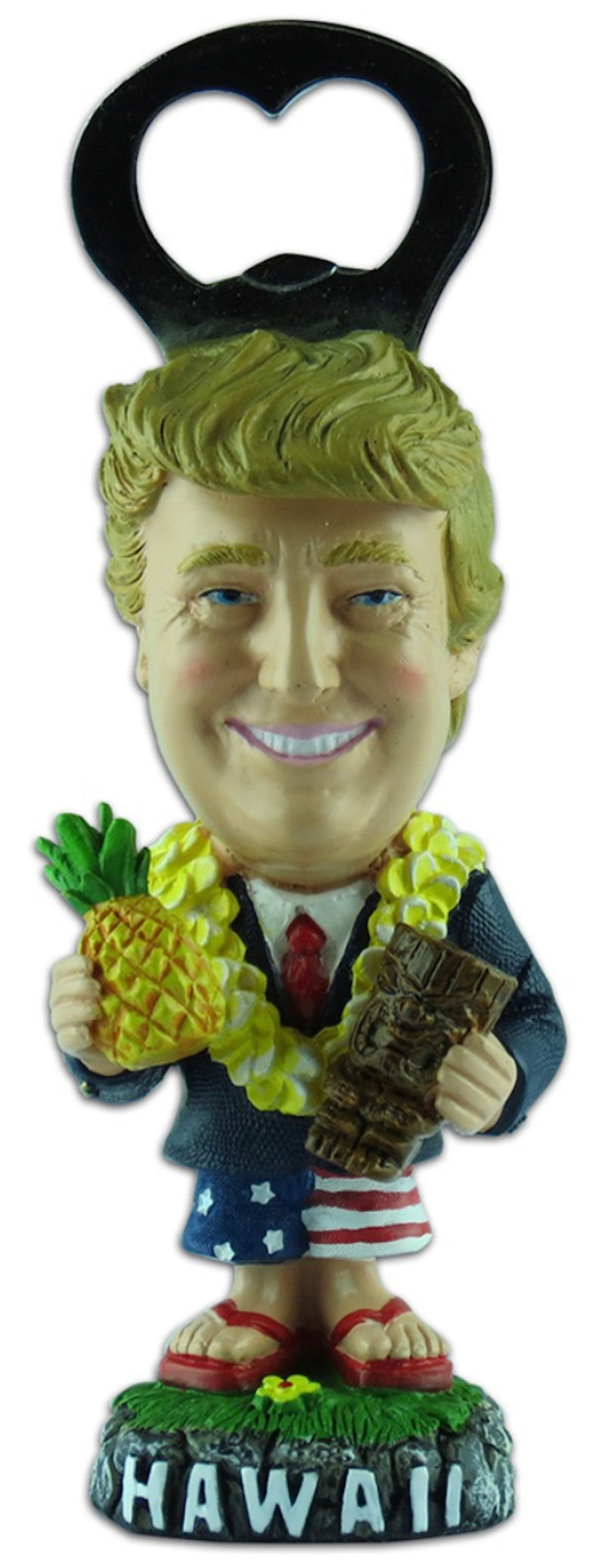 Poly-resin bottle opener featuring a president Trump figurine wearing a lei, holding a pineapple and tiki cup, with an adhesive base for mounting, perfect for Hawaiian-themed bars and kitchens.