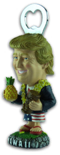 Poly-resin bottle opener featuring a president figurine wearing a lei, holding a pineapple and tiki cup, with an adhesive base for mounting, perfect for Hawaiian-themed bars and kitchens. Sideview