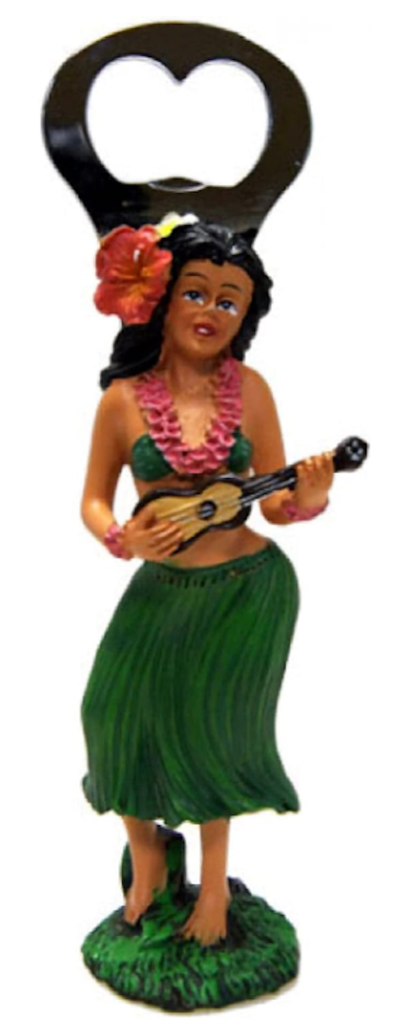 Poly-resin hula girl bottle opener with green grass skirt, flower lei, and ukulele, perfect for Hawaiian-themed bars, kitchens, and tropical decor.