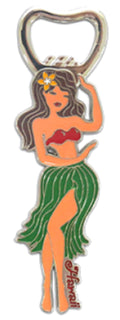 Hula girl magnetic bottle opener with green grass skirt and red top, metal design with a magnetic back, perfect for Hawaiian-themed bars, kitchens, and gifts.