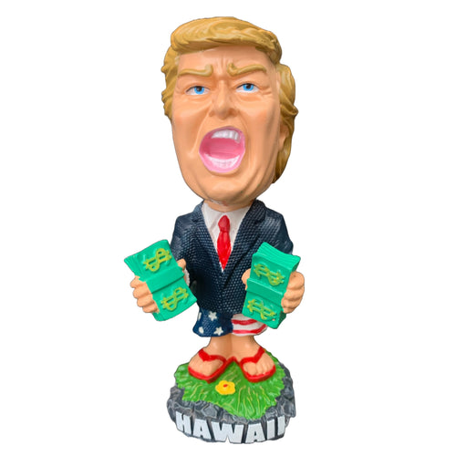 4-inch Trump dashboard bobblehead with money and “Hawaii” base – poly resin figure with adhesive mount