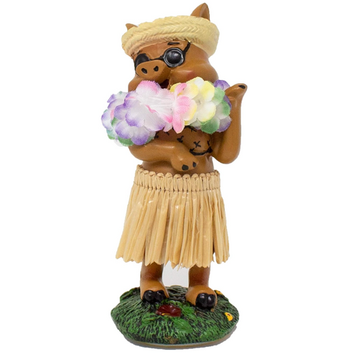 Hula dancing horse figurine with a grass skirt and lei on a white background