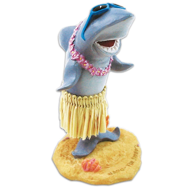  Hula shark dashboard doll wearing a grass skirt and lei, perfect for car decor, beach-themed gifts, and Hawaiian charm.