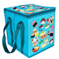 A bright turquoise blue insulated cooler bag with dark teal handles and a top zipper, covered in colorful cartoon sushi and food illustrations, shown on a white background.