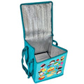 A turquoise insulated cooler bag with a silver reflective lining, shown open against a solid black background. The exterior features a colorful print of various sushi illustrations on the lower right side, and matching turquoise handles are attached on the sides.