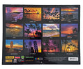 Back cover of Hawaiian Island Sunrise & Sunsets 2026 Calendar showing 12 monthly images of tropical Hawaiian sunrises and sunsets with beaches, palm trees, and vibrant skies

