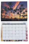 Alt Text:
March 2026 calendar page from Hawaiian Island Sunrise & Sunsets 2026 Calendar featuring tall coconut palms silhouetted against a colorful sunset sky in Wailua, Kauaʻi