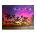 A 2027 Aloha State calendar cover featuring a tropical sunset scene with palm tree silhouettes against a vivid pink, purple, orange, and blue sky. The title 'ALOHA STATE' appears in large gold lettering, with 'The Hawaiian Islands' and '2027 Calendar' text above it.