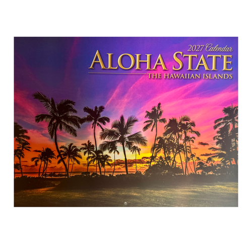 A 2027 Aloha State calendar cover featuring a tropical sunset scene with palm tree silhouettes against a vivid pink, purple, orange, and blue sky. The title 'ALOHA STATE' appears in large gold lettering, with 'The Hawaiian Islands' and '2027 Calendar' text above it.