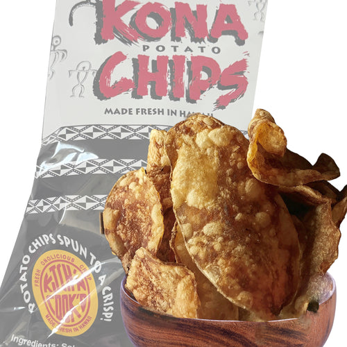 Kona Potato Chips in a wooden bowl with a branded bag in the background