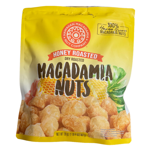 Bag of honey roasted macadamia nuts with brand logo on a white background