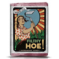 Front label of Filthy Hoe Soap with vintage farm girl holding a garden hoe