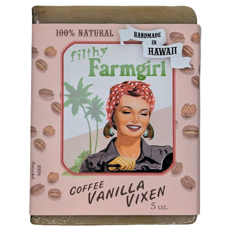 Front of Coffee Vanilla Vixen Soap with retro woman and coffee beans – Filthy Farmgirl branding
