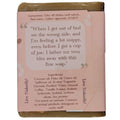 Back of soap bar with quote about mornings and full ingredients list