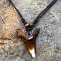 Adjustable Faux Fossil Shark Tooth Necklace – 2" Wood Bead Megalodon Pendant