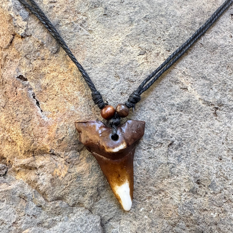 Adjustable Faux Fossil Shark Tooth Necklace – 2" Wood Bead Megalodon Pendant