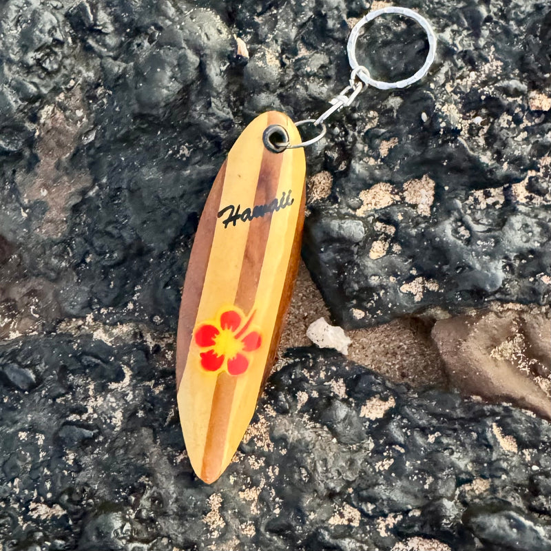 Handcrafted Wooden Surfboard Keychain with Hawaii & Hibiscus Design 4 Inch