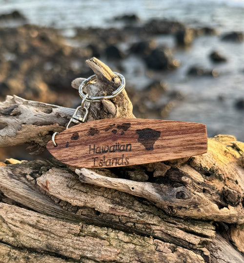 Handmade "Hawaiian Islands" etched Wood Surf Board Key Chain