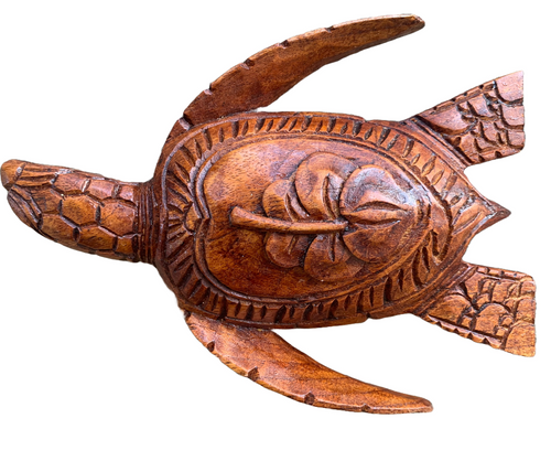 da Hawaiian Store Hand-Carved Wood Honu Turtle Featuring a Floral Design