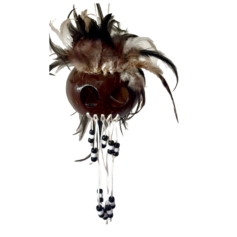 Handmade Ikaika Makakiʻi Hawaiian warrior helmet mask with black and white feathers and beads, made from real coconut