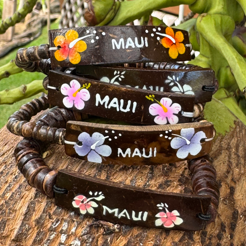 Hawaiian Store Coconut Hand Painted Flower Stretch Bracelet (Choose your design)