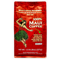 Red coffee bag with hula dancer graphic and Maui Coffee Roasters branding