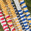 Close-up of colorful beaded necklaces in red, yellow, and blue.
