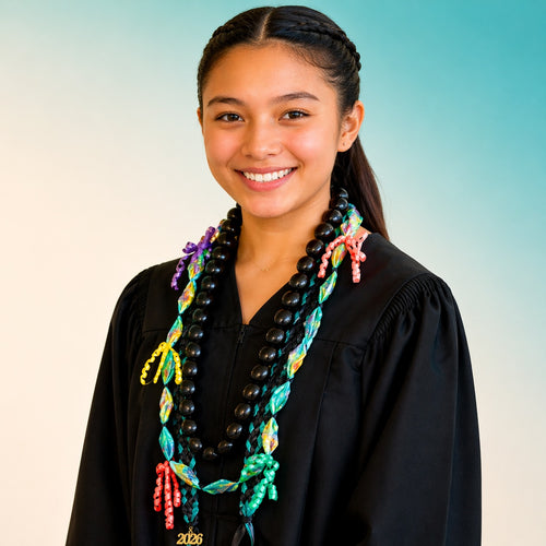 2026 graduation kukui nut lei set worn by model – Hawaiian ribbon and candy lei necklace