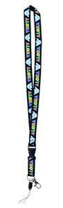 Lanyard with the words Aloha and a Shaka design on a black background with rainbow colored letters. 