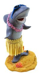  Hula shark dashboard doll wearing a grass skirt and lei, perfect for car decor, beach-themed gifts, and Hawaiian charm.