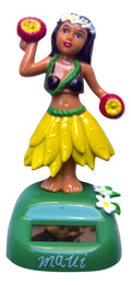 Solar-powered hula dashboard doll with yellow skirt. made from ABS plastic, featuring "Maui" or "Hawaii" text, perfect for car decoration and tropical gifts.