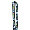 Lanyard with the words Aloha and a Shaka design on a black background with rainbow colored letters. 