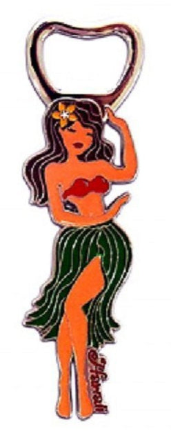 Hula girl magnetic bottle opener with green grass skirt and red top, metal design with a magnetic back, perfect for Hawaiian-themed bars, kitchens, and gifts.