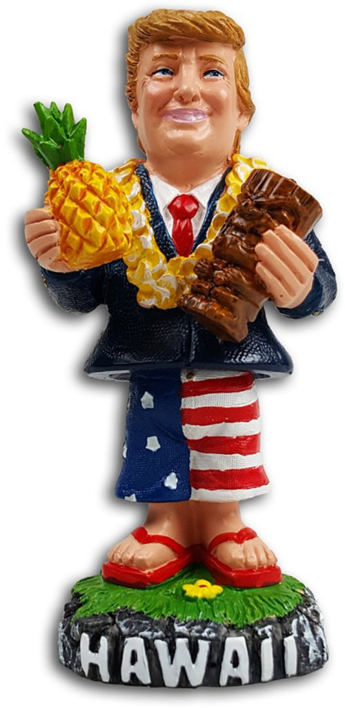 President Trump dashboard doll holding pineapple and coffee with lei, patriotic shorts, and "Hawaii" base – 4 inch collectible figurine