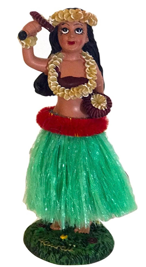 6.5-inch Hawaiian hula girl dashboard doll wearing a green grass skirt and holding uli uli gourds, perfect for car decoration and tropical-themed gifts.