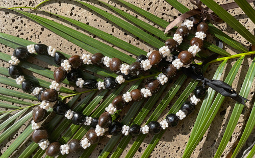 Hawaiian Lei Necklace of Kukui Nuts and White Mongo Shells (Choose Color)