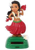 Solar-powered hula dashboard doll with red skirt. made from ABS plastic, featuring "Maui" or "Hawaii" text, perfect for car decoration and tropical gifts.