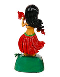 Solar-powered hula dashboard doll with red skirt. made from ABS plastic, featuring "Maui" or "Hawaii" text, perfect for car decoration and tropical gifts. backside