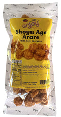Bag of Enjoy Shoyu Age Arare fried rice crackers with yellow label showing ingredients and nutrition facts

